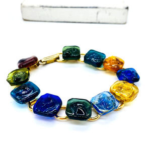 Vintage Gold Tone Link Bracelet w/Multi-Colored Glass Charms